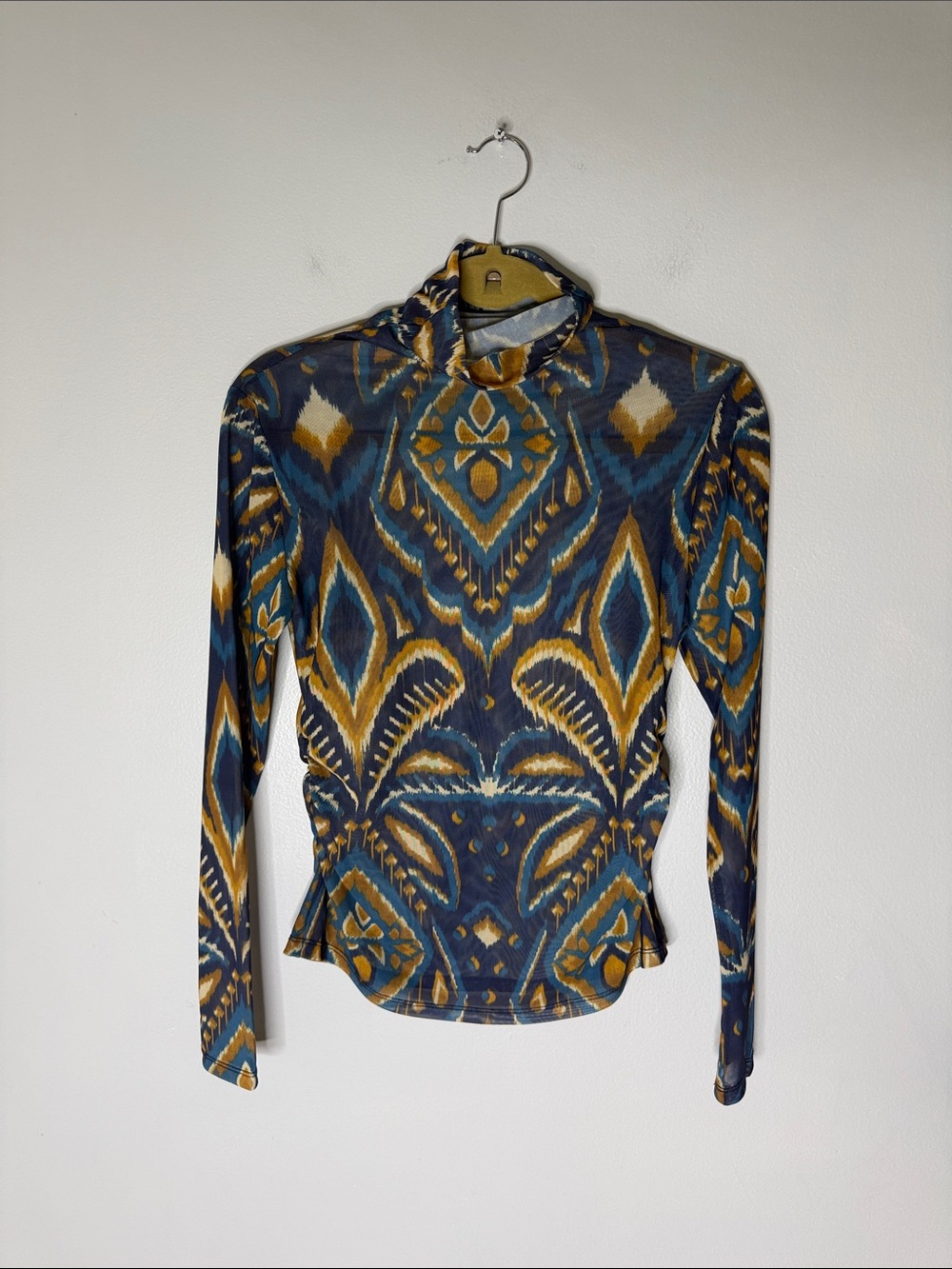CHARLIE B Teal and Mustard Geometric Long-Sleeve Top Medium